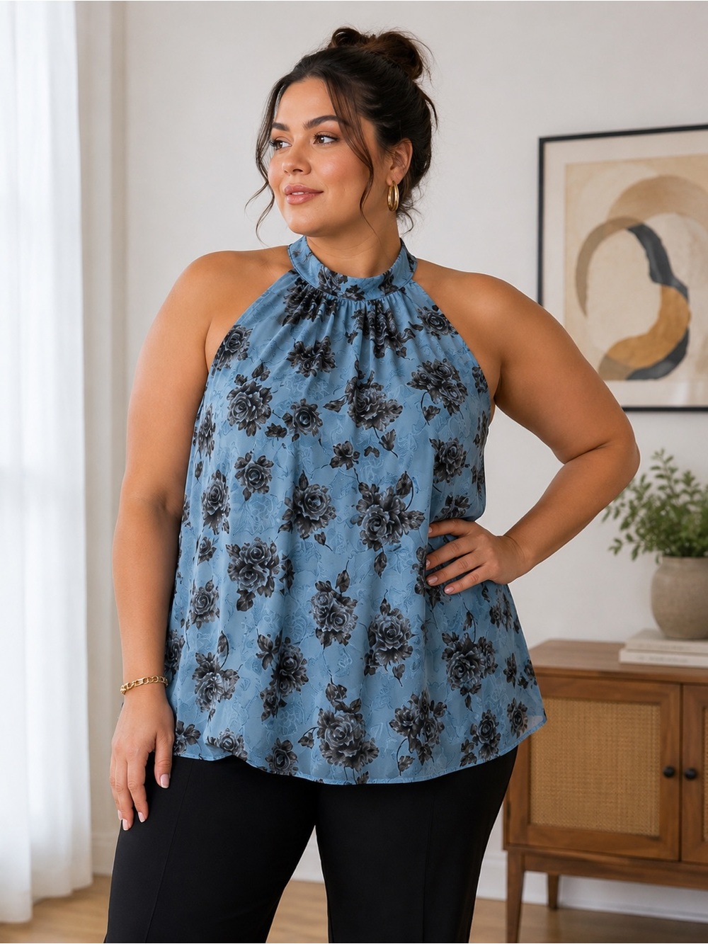 Torrid Size 5 Floral Mock Neck Halter Top Blue Black Roses NWT